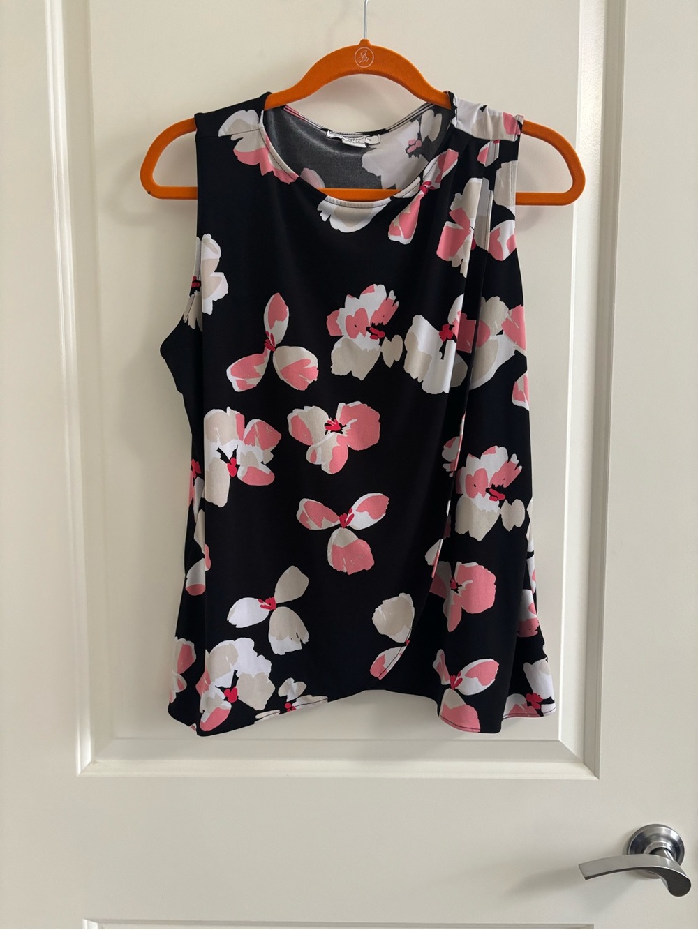 Liz Claiborne Black Sleeveless Floral Camisole with Pink and White Blossoms